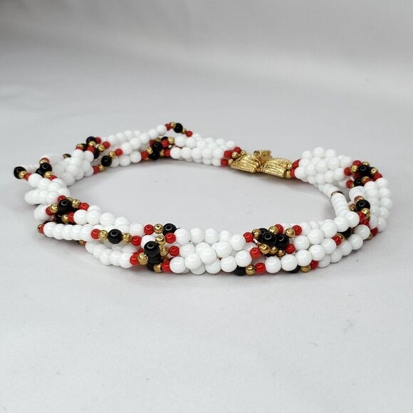 Vintage Multistrand Glass Bead Necklace White Red Black Gold Twist Choker 17" - Picture 3 of 4
